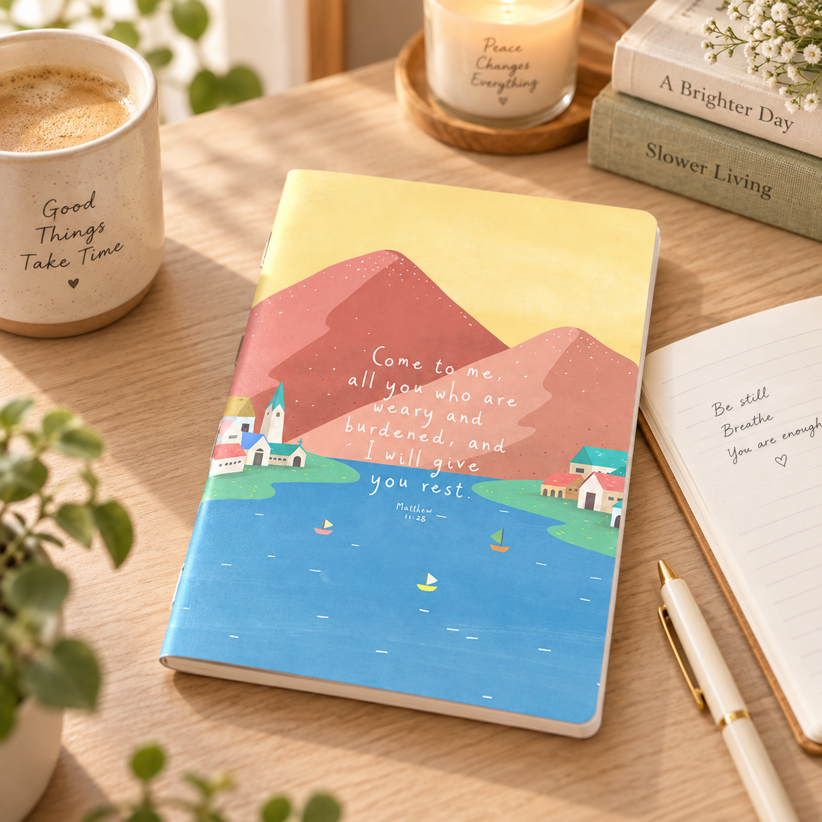Come To Me A5 Christian notebook inspired by Matthew 11:28 styled on a warm sunlit desk with coffee and journalling essentials