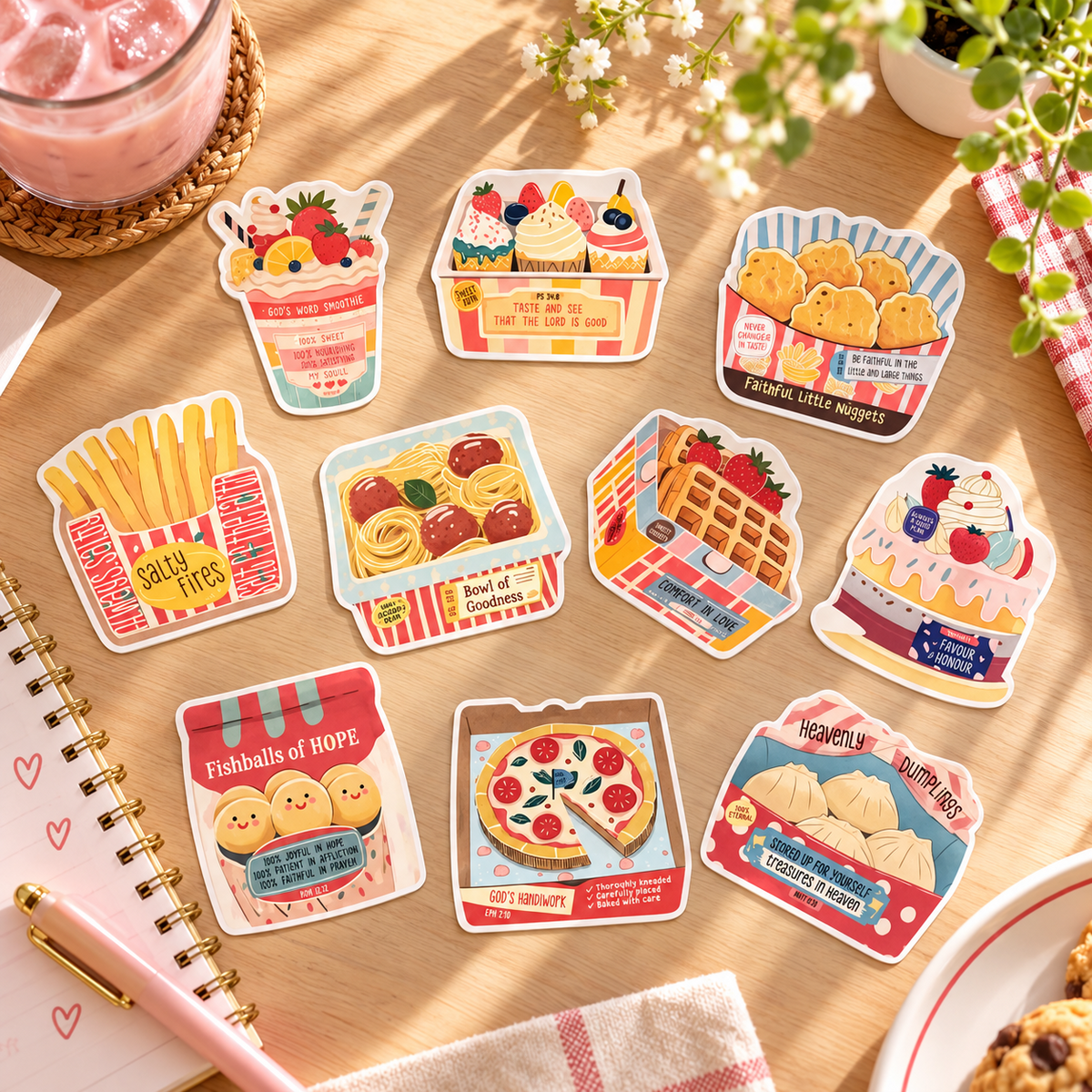 Love Supermarket Frozen Cold faith-inspired food vinyl stickers arranged individually on a sunlit desk