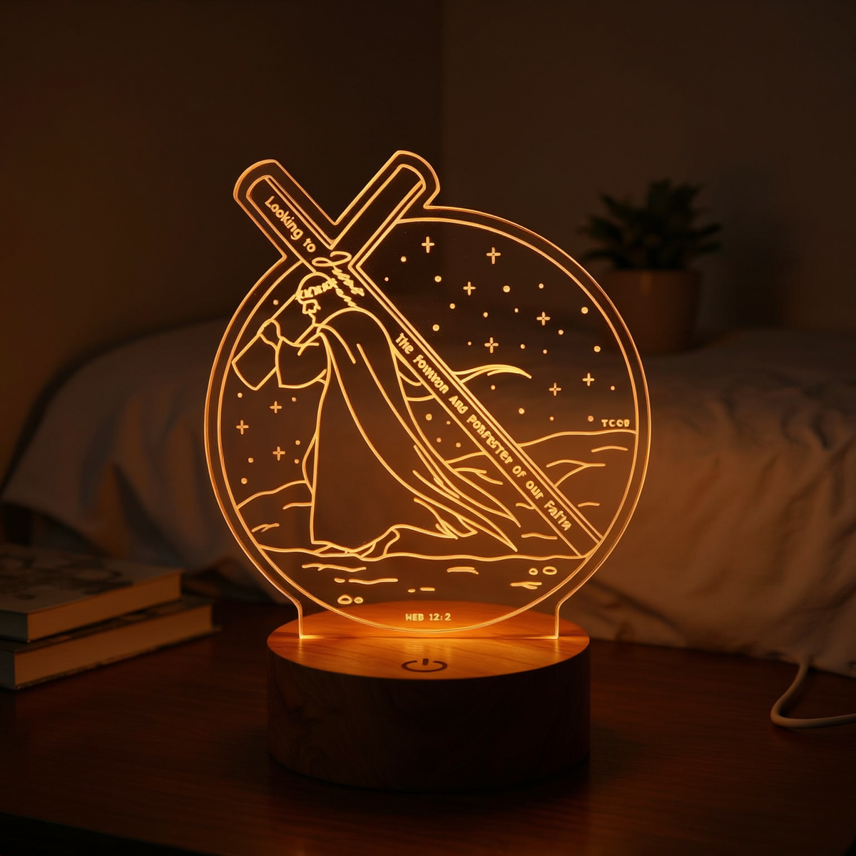 Looking to Jesus Christian night light glowing warmly on a wooden bedside table