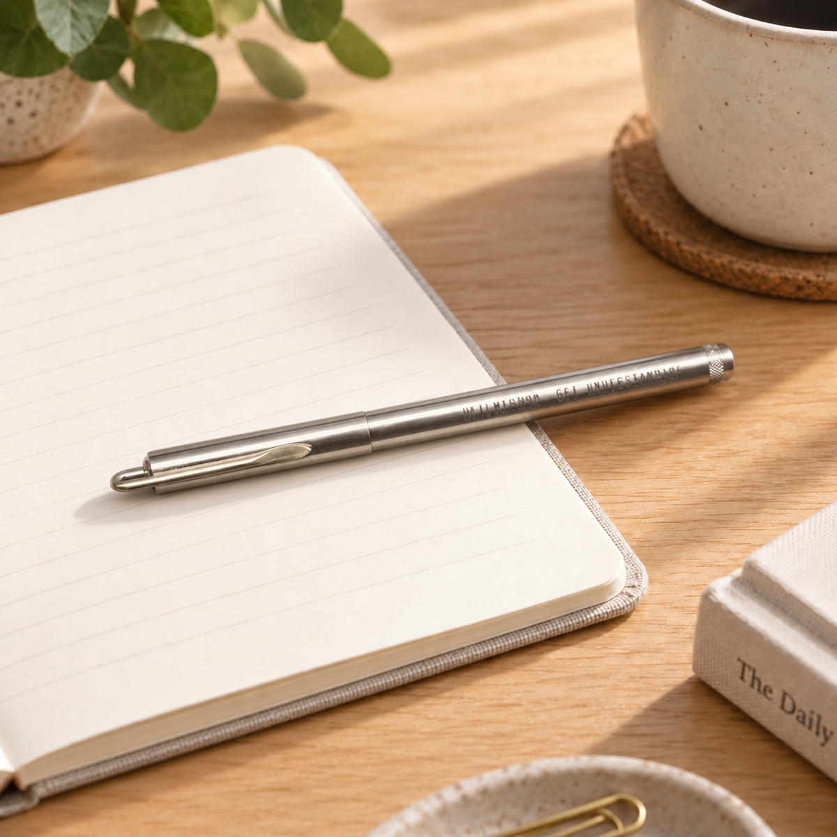 Personalised Rollerball Pen Ink Classic styled on an open notebook in a warm natural desk setting
