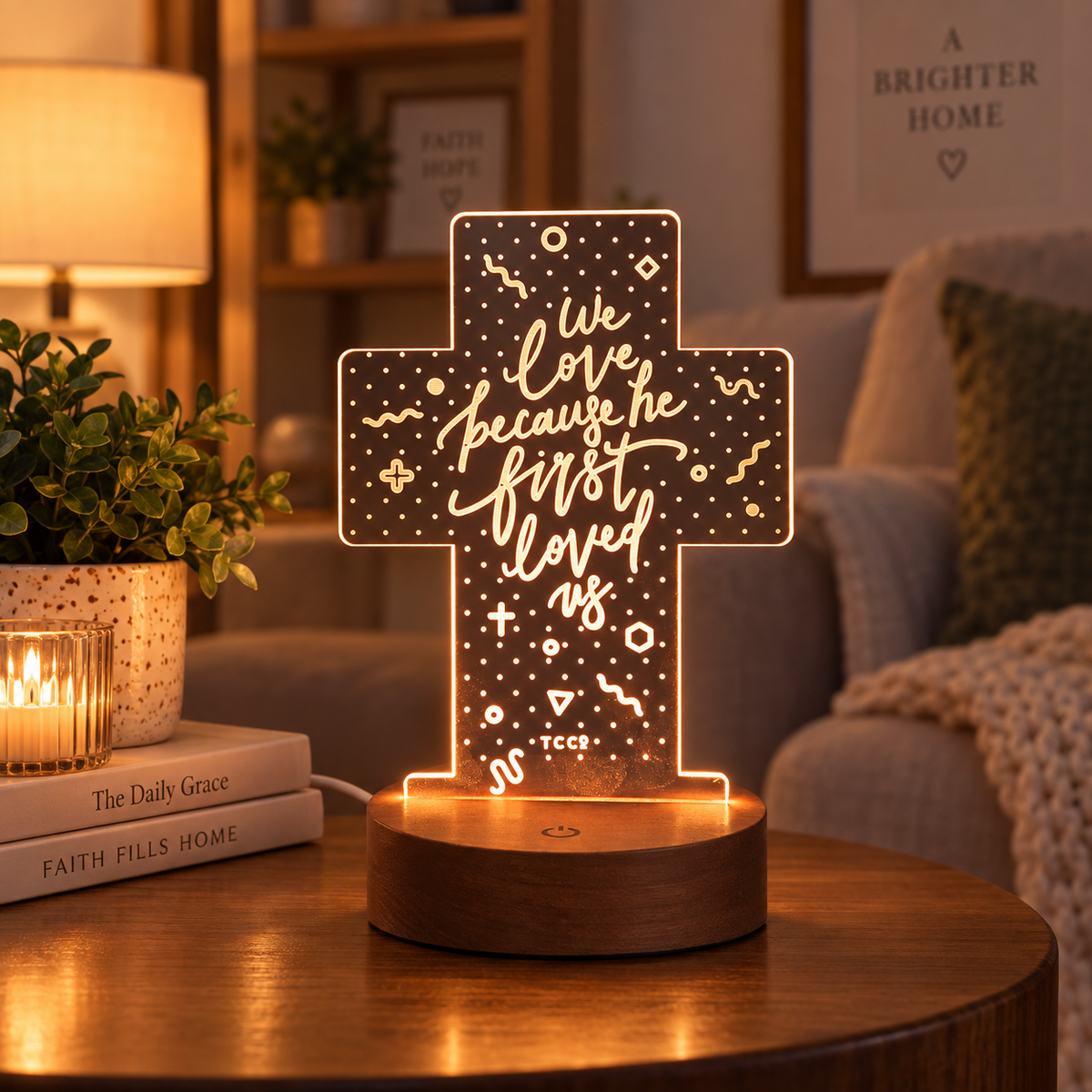 We Love Because He First Loved Us Christian cross night light glowing on a wooden table in a warm homely living room