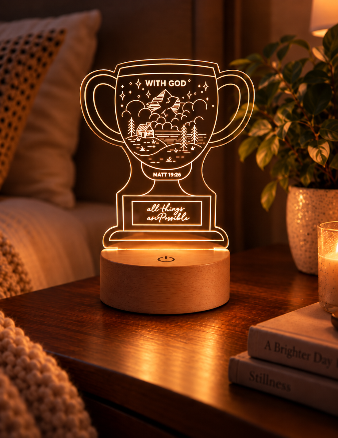With God All Things Are Possible Christian trophy night light glowing on a wooden bedside table in a warm bedroom