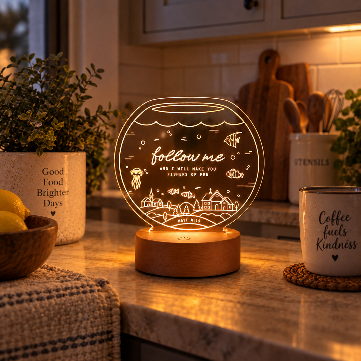 Follow Me and I Will Make You Fishers of Men Christian night light glowing on a thick wooden base in a warm kitchen setting
