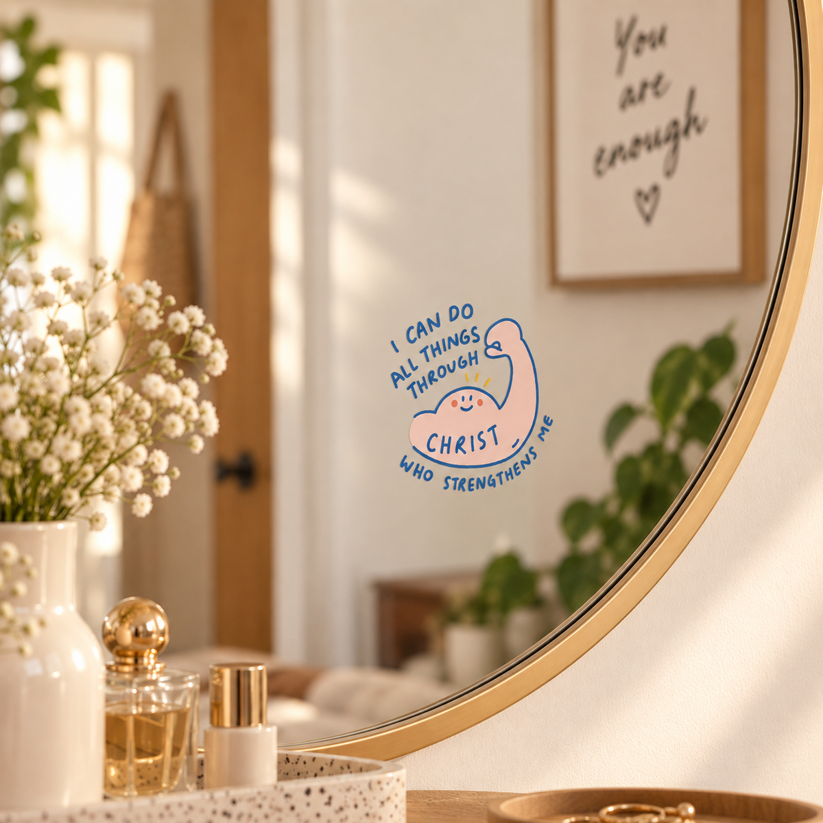 I Can Do All Things Through Christ transparent mirror decal applied to a round mirror in a warm bright interior
