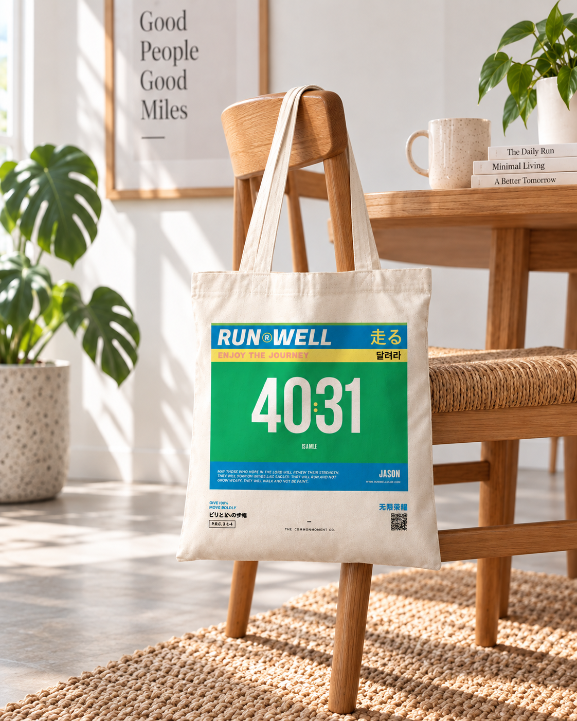Run Well customisable marathon bib Christian tote bag hanging from a wooden chair in a bright Scandinavian interior