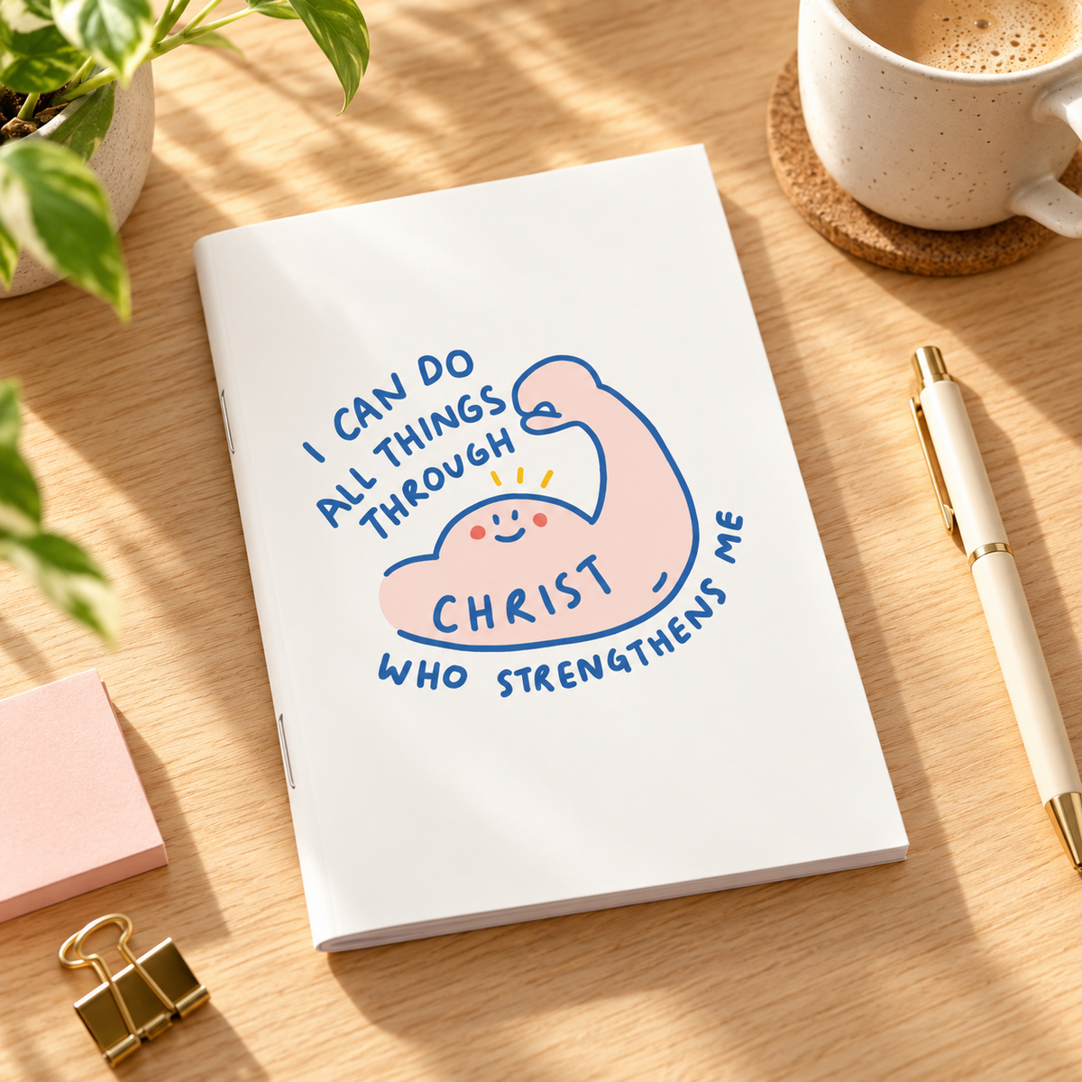 I Can Do All Things Through Christ A6 Christian notebook styled on a warm sunlit desk with coffee, greenery and stationery