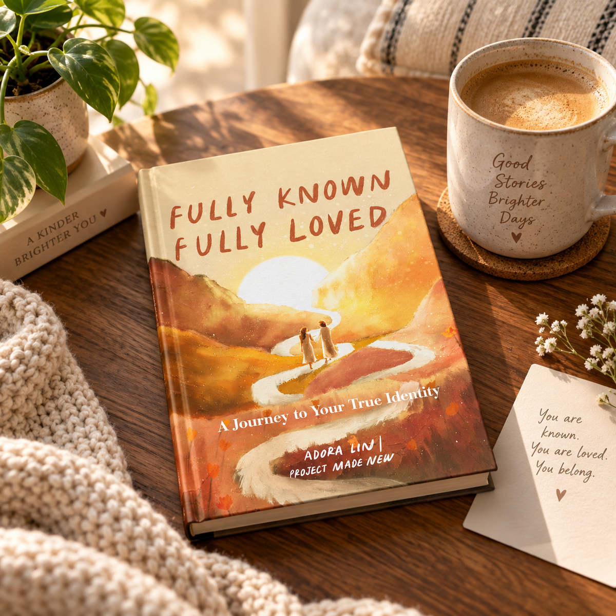 Fully Known Fully Loved Christian identity book by Adora Lin styled on a warm wooden table with coffee and soft natural light