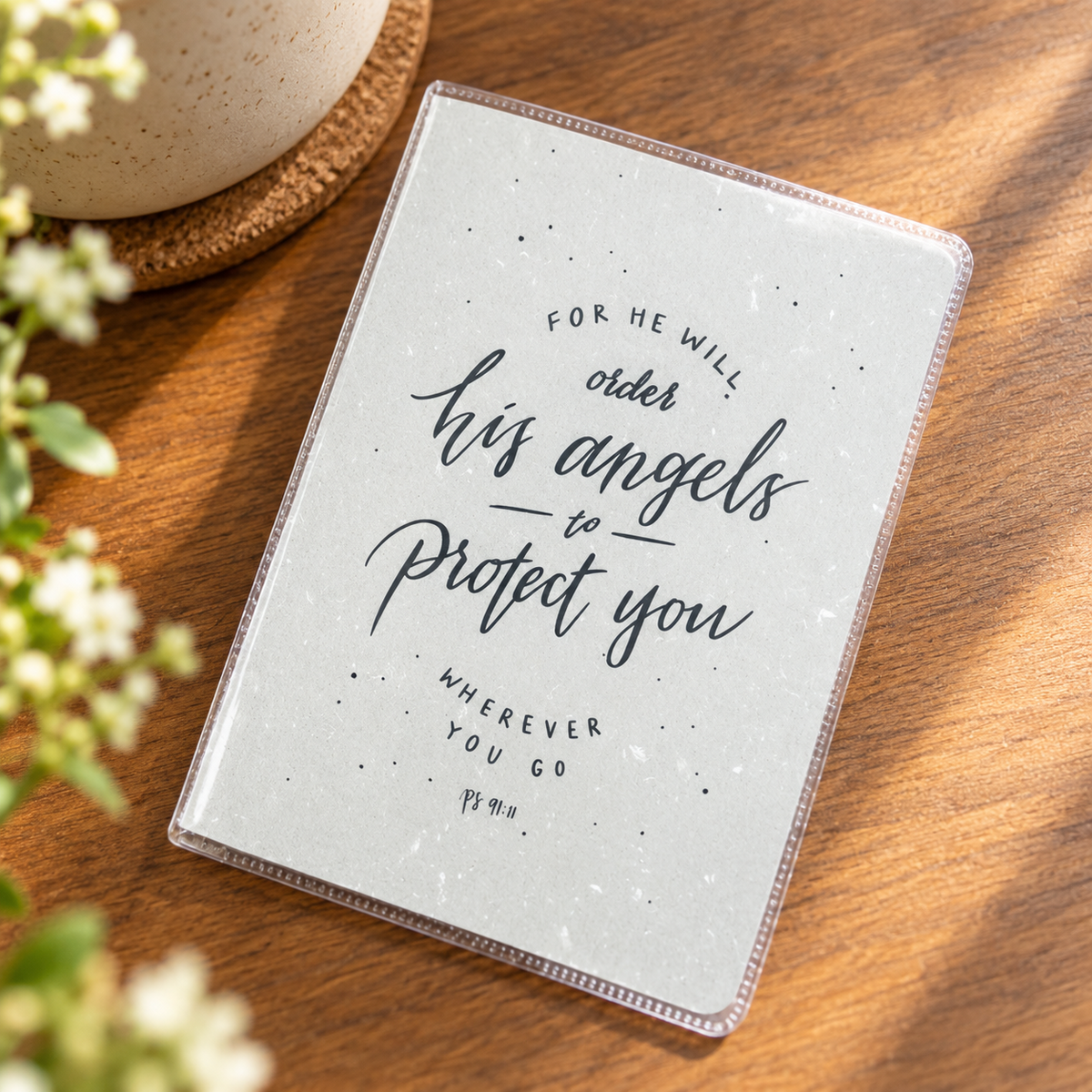 For He Will Order His Angels Christian passport cover styled on a warm wooden surface with flowers and a ceramic cup