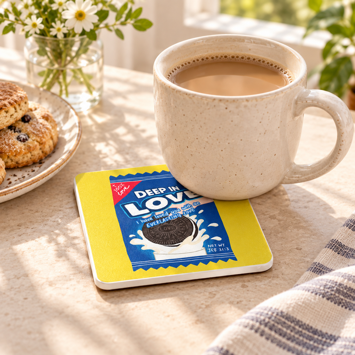 Deep In Love Cookie Christian coaster with white sides styled under a coffee mug in a bright breakfast setting