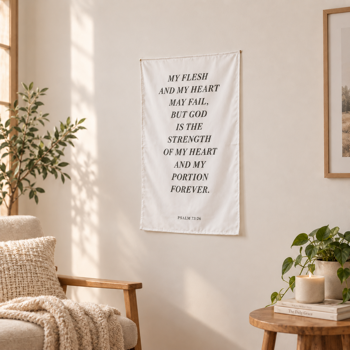 Psalm 73:26 Christian wall tapestry displayed in a bright Scandinavian reading nook with warm natural light