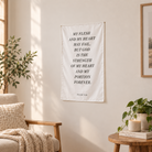 Psalm 73:26 Christian wall tapestry displayed in a bright Scandinavian reading nook with warm natural light