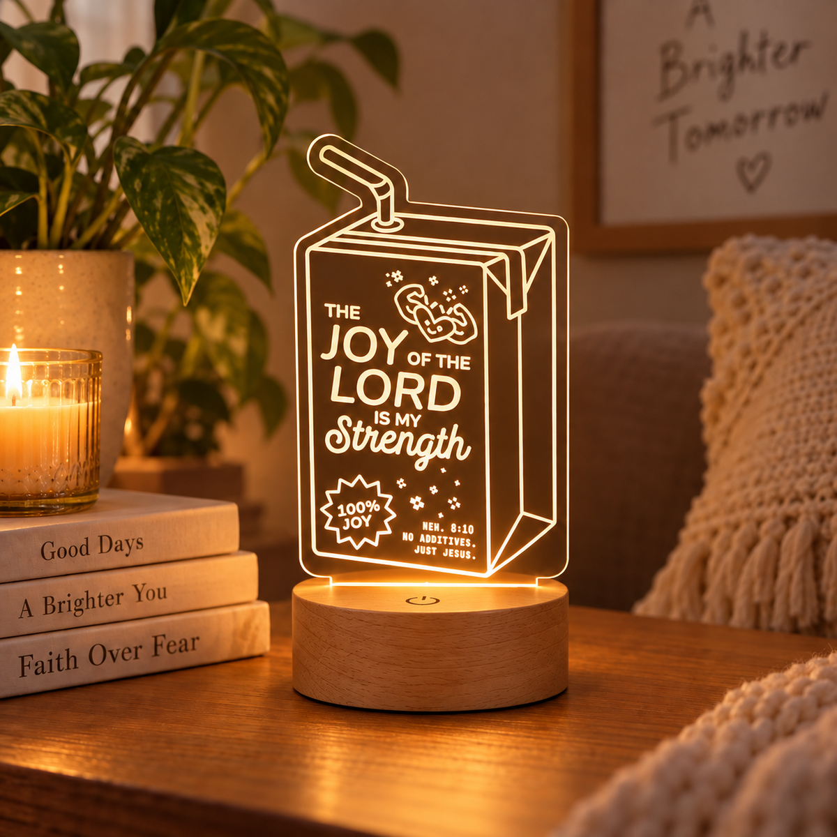 The Joy of the Lord Is My Strength Christian night light glowing on a thick wooden base in a cosy warm interior