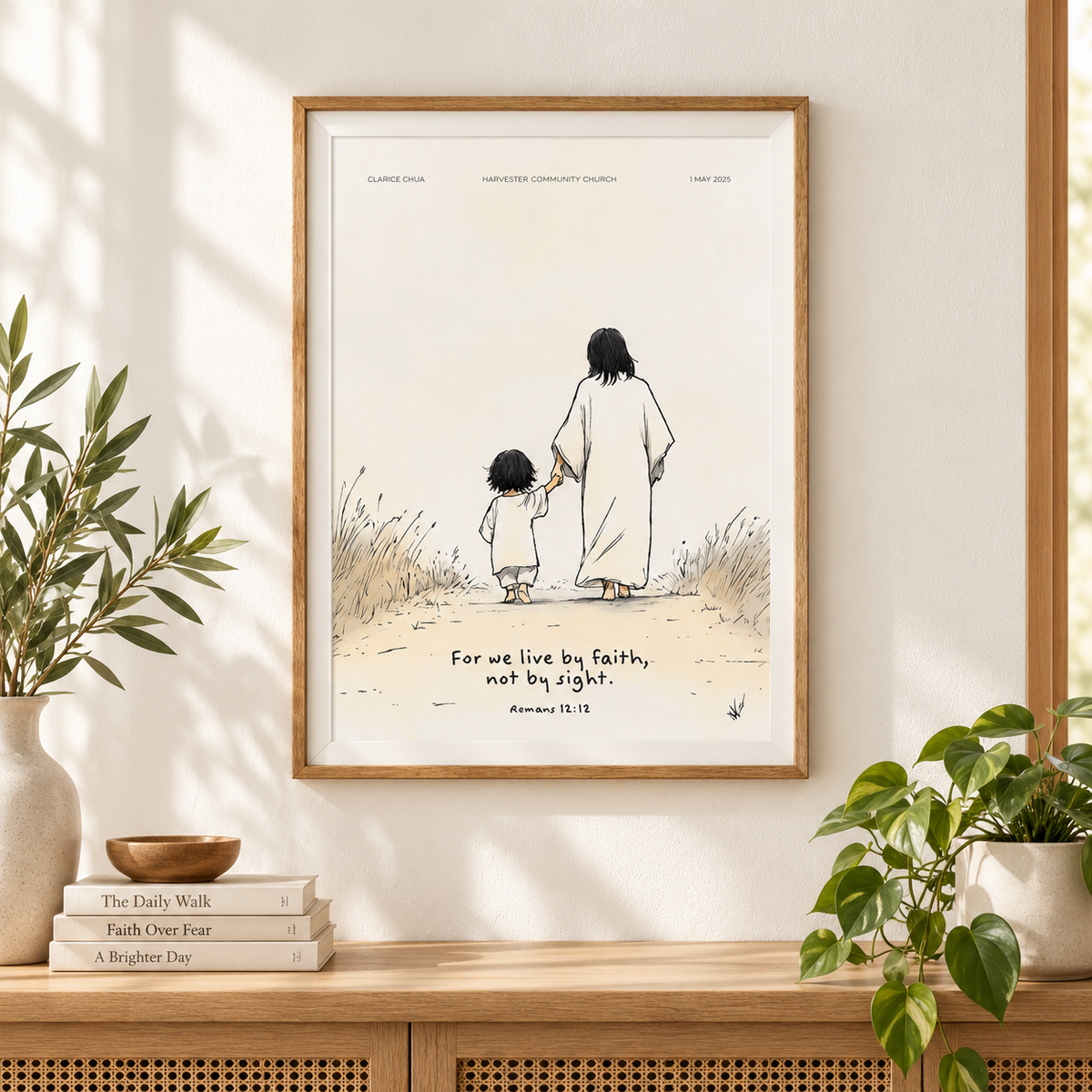 Held by His Hand customisable baptism poster framed in a warm bright Scandinavian home interior