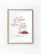 Christian poster featuring 1 Corinthians 13:13, “The greatest of these is love,” with a joyful illustrated character and hearts