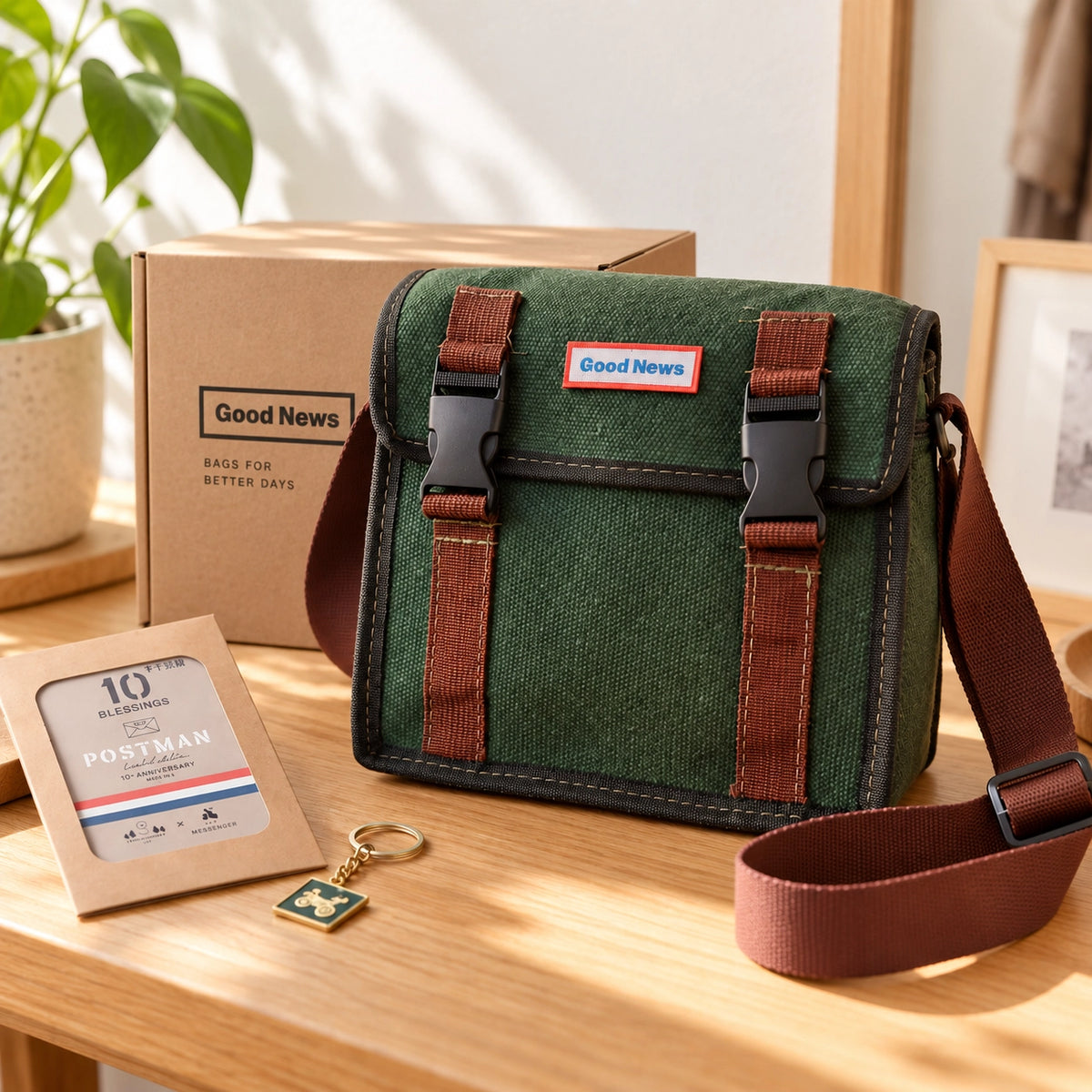 10th Anniversary Good News Postman bag bundle styled on a warm wooden table with box, card pack and keychain