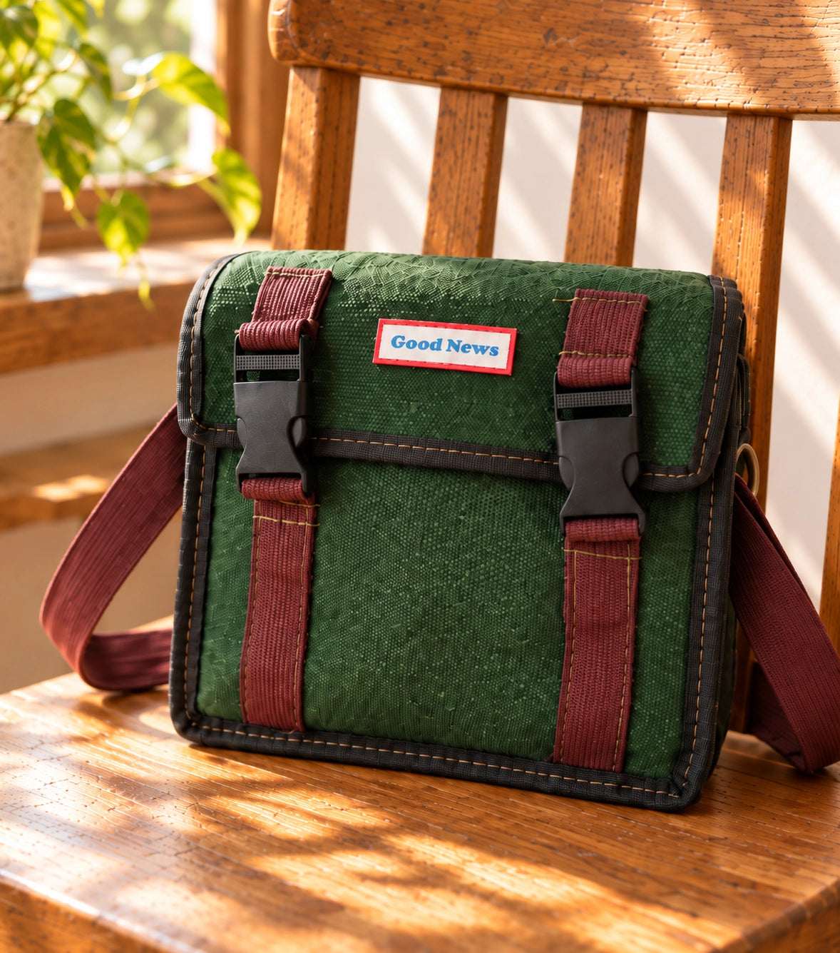 10th Anniversary Good News green canvas postman sling bag styled on a wooden chair.