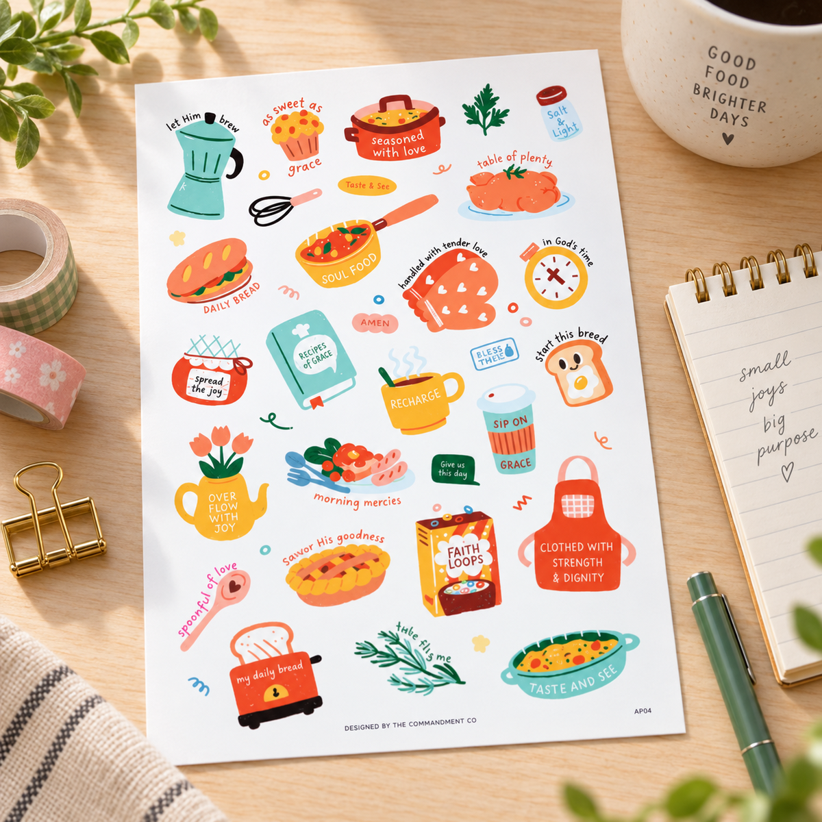 Manna Everyday Christian sticker sheet with colourful faith and food illustrations styled on a bright wooden desk