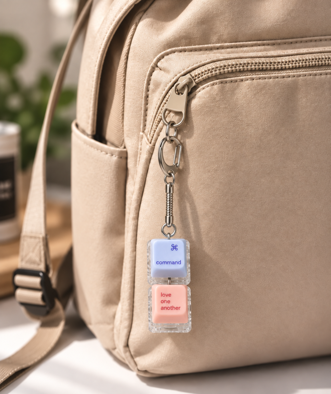 Command Love One Another light-up keycap keychain hanging straight from a beige bag in a warm lifestyle setting