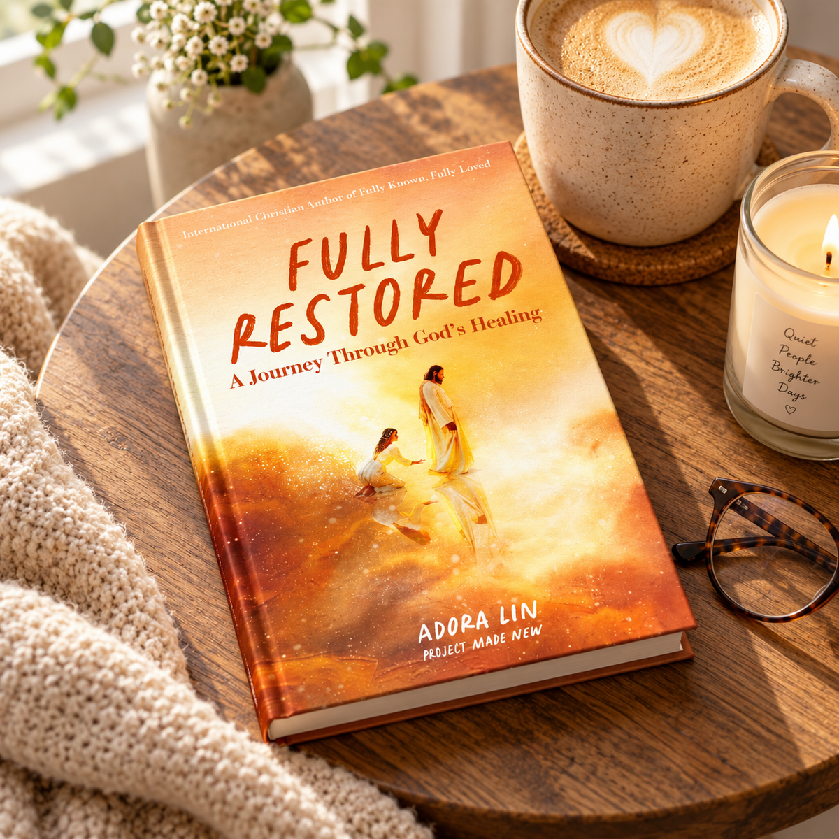 Fully Restored A Journey Through God's Healing Christian book by Adora Lin styled with coffee and a candle on a warm wooden table