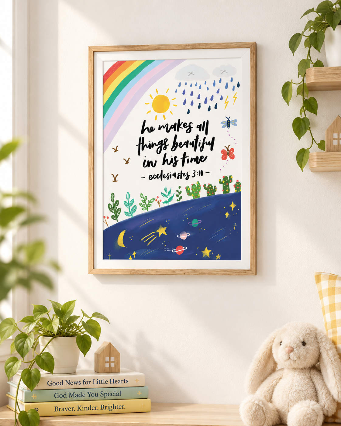 In His Time Ecclesiastes 3:11 Christian poster displayed in a warm bright home interior