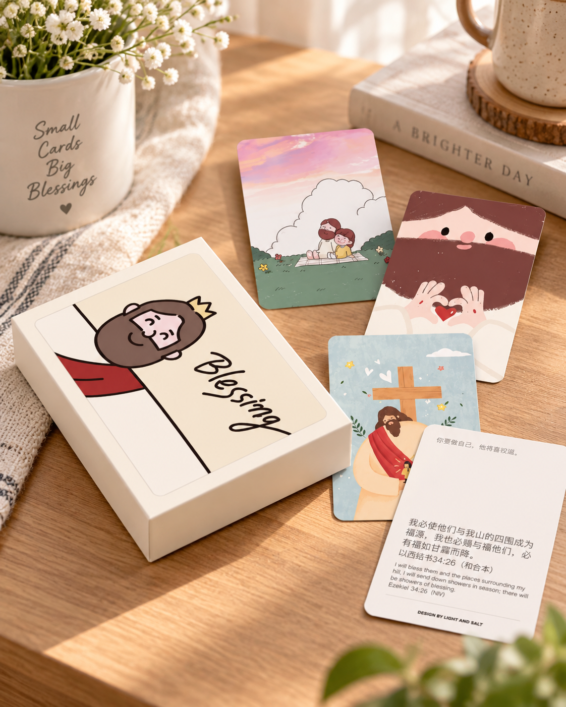Blessing Christian mini card set with illustrated Scripture cards and gift box styled on a warm wooden table