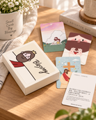 Blessing Christian mini card set with illustrated Scripture cards and gift box styled on a warm wooden table