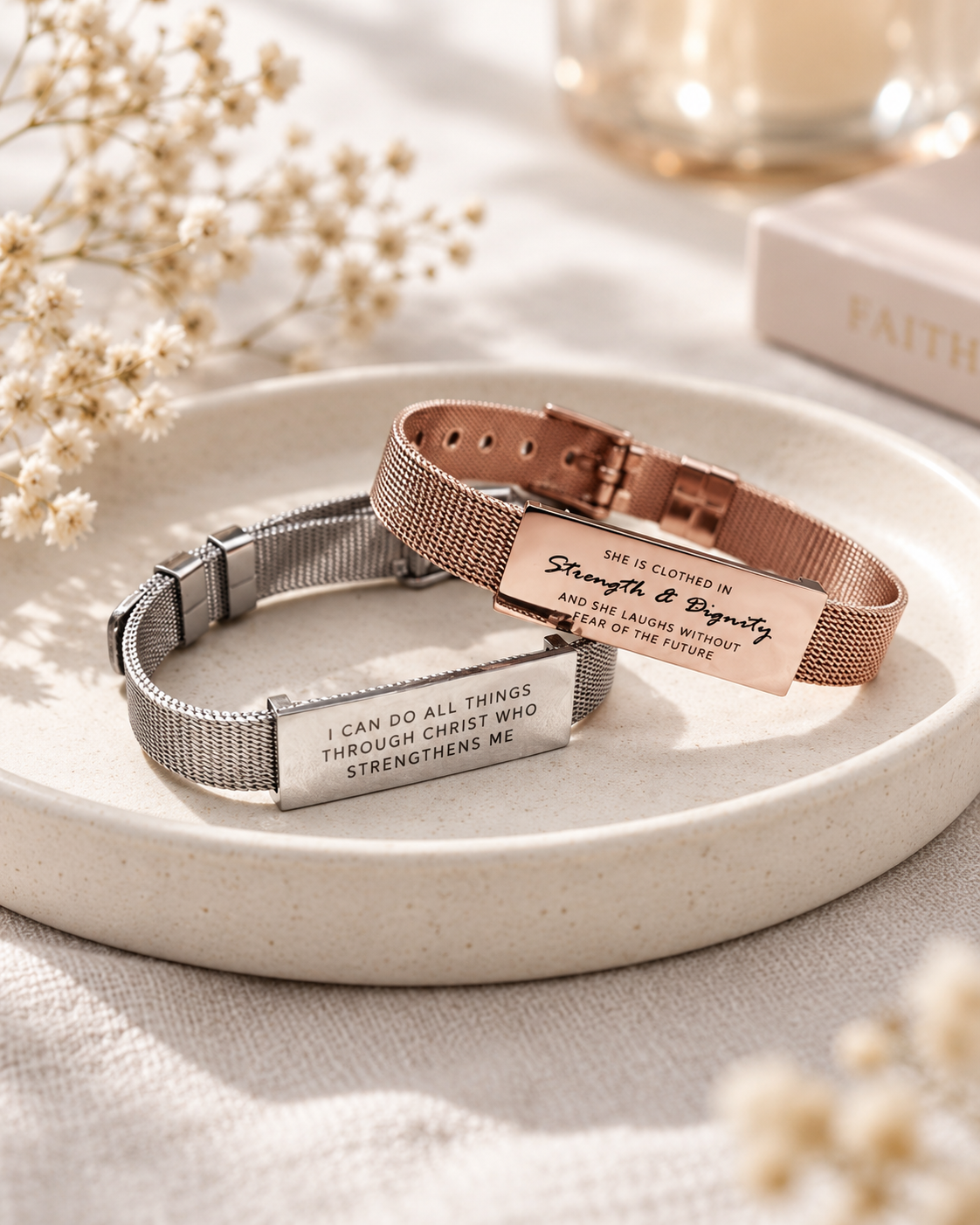 J&Co Foundry Classic Little Message Plate bracelets in silver and rose gold styled on a neutral ceramic tray