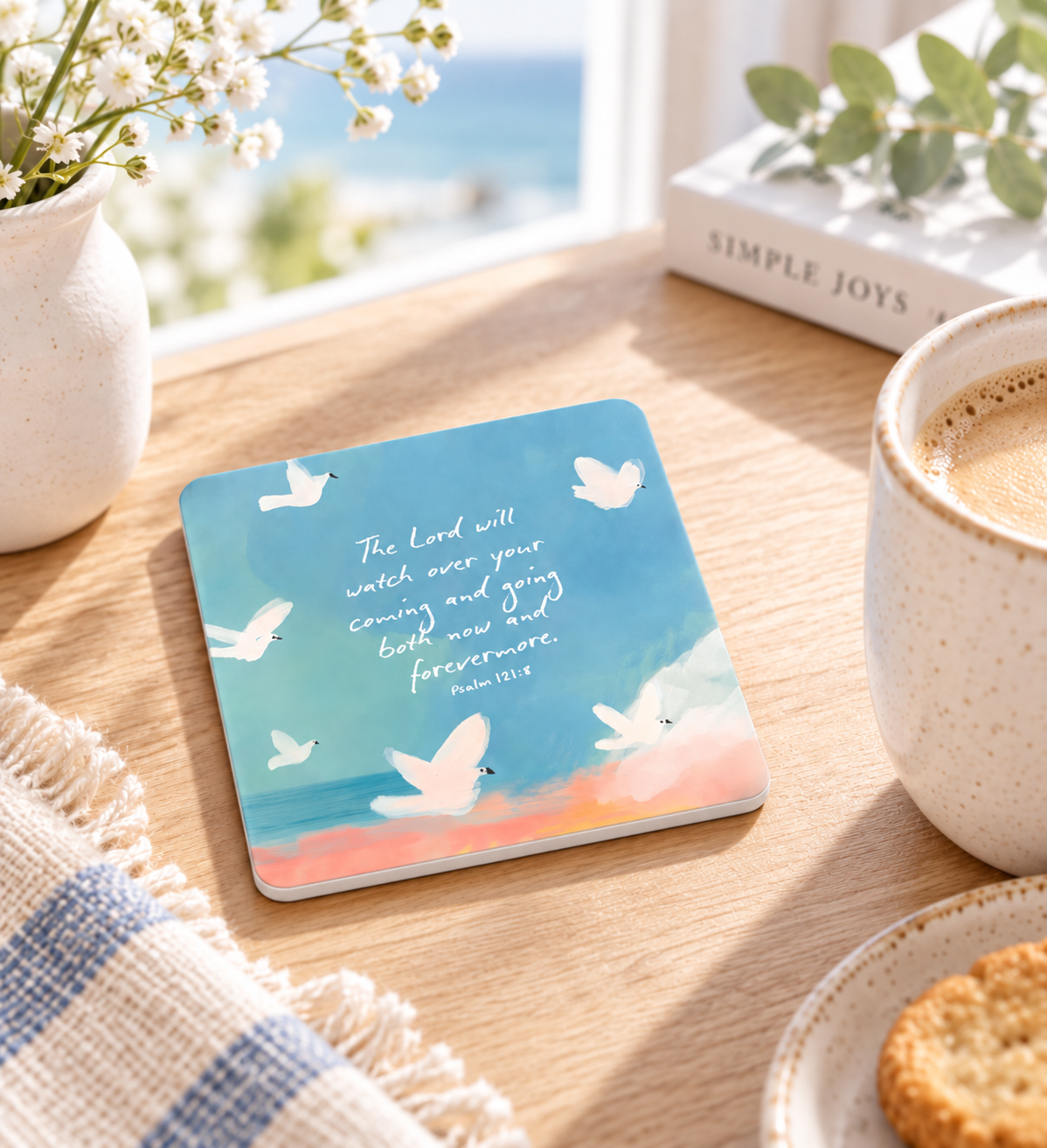 The Lord Will Watch Over You Psalm 121:8 Christian coaster with white sides styled beside coffee in warm natural light