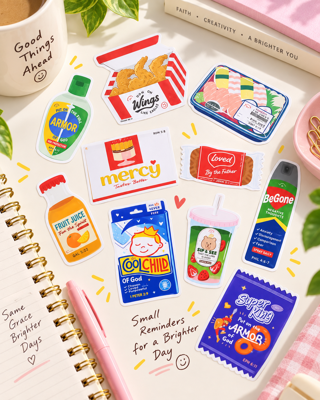 Love Supermarket Munches Christian vinyl stickers styled individually across a bright creative desk