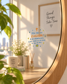 Seek His Kingdom Matthew 6:33 transparent Christian mirror decal sticker applied to a round mirror in warm natural light