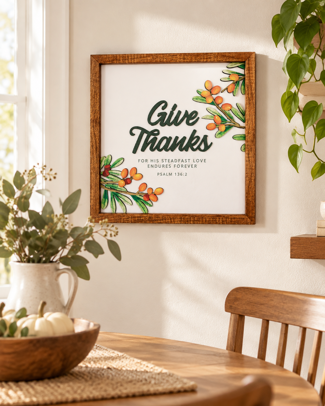Give Thanks Psalm 136:2 Christian 3D wooden poster displayed on a bright dining room wall