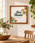 Give Thanks Psalm 136:2 Christian 3D wooden poster displayed on a bright dining room wall