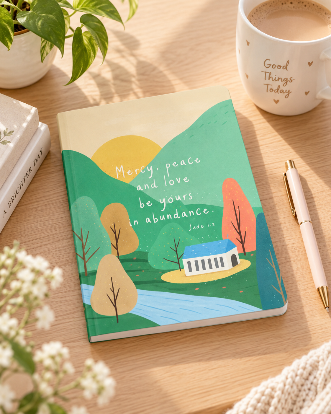 Mercy Peace and Love Jude 1:2 A5 Christian notebook styled on a warm wooden desk with coffee and stationery