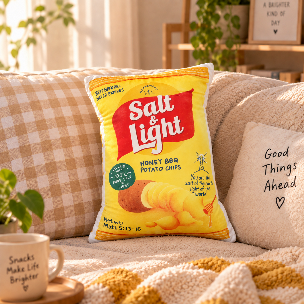 Salt and Light Potato Chips Christian plush toy styled smaller on a cosy neutral sofa in warm natural light