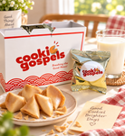 Gospel Cookies Christian fortune cookies with branded gift box and individually wrapped cookie pack in a warm breakfast setting