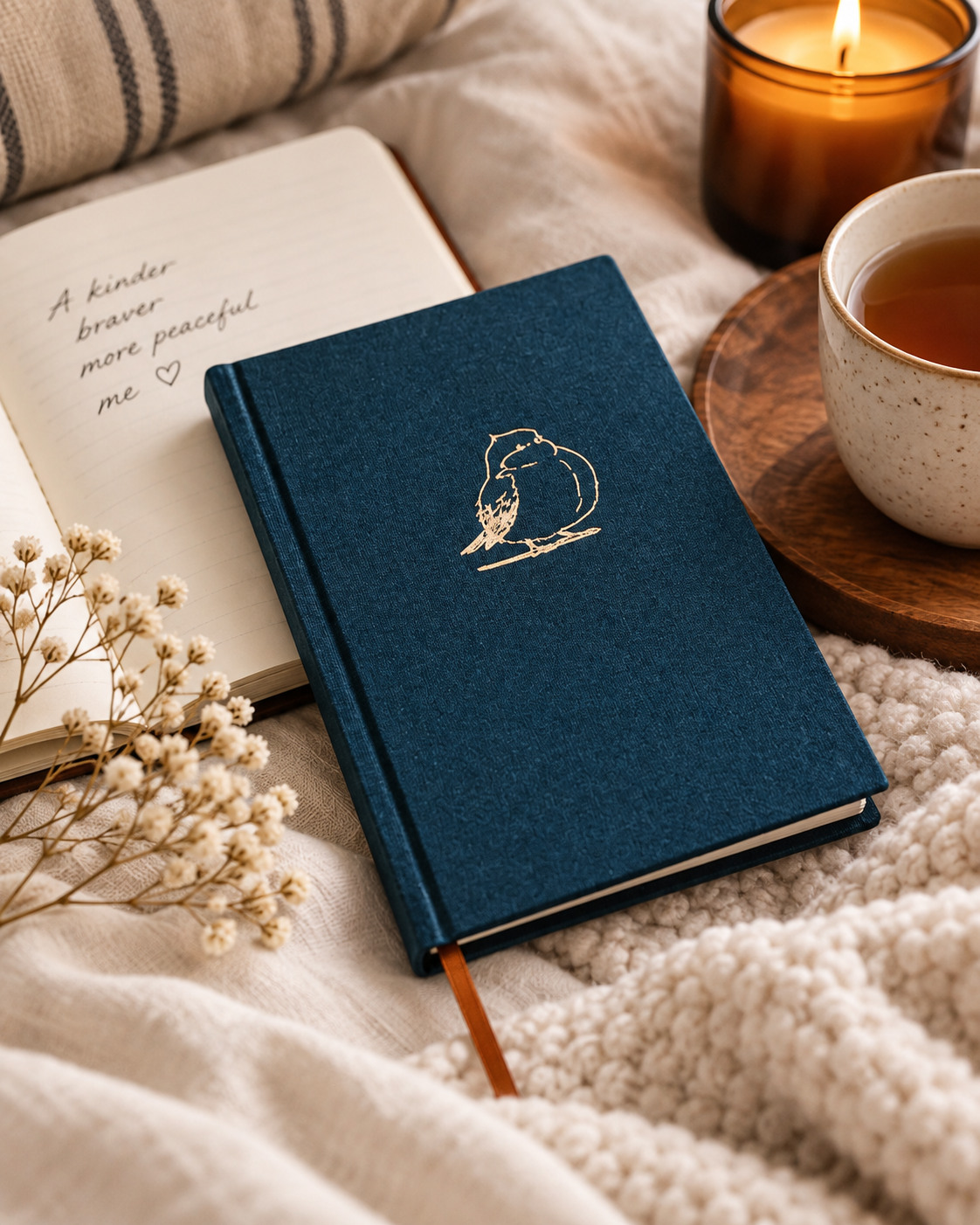 Seen Sparrow navy fabric hardcover Christian journal styled with an open notebook, candle and tea in a cosy reading setting