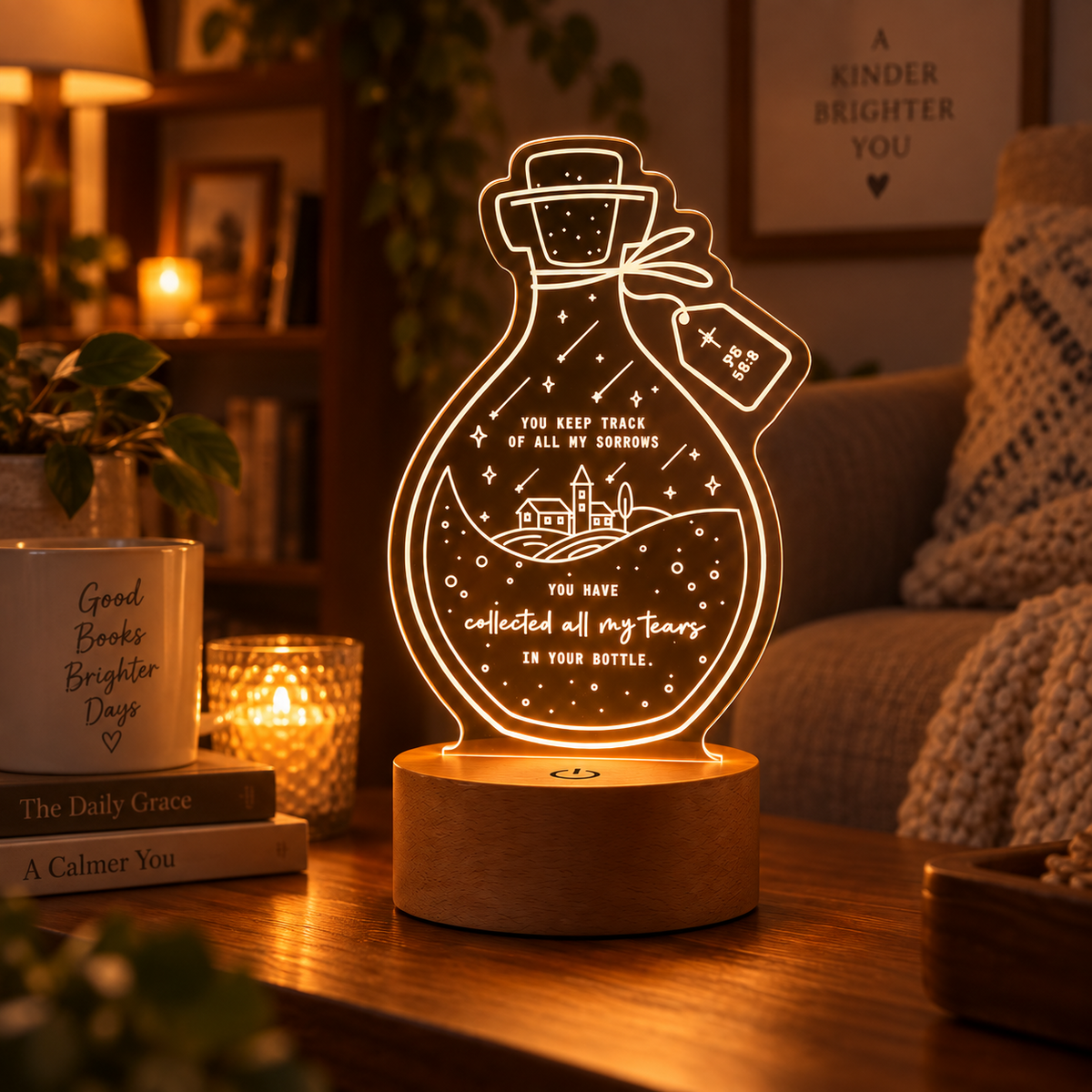 You Have Collected All My Tears in Your Bottle Christian night light glowing in a warm living room, inspired by Psalm 56:8