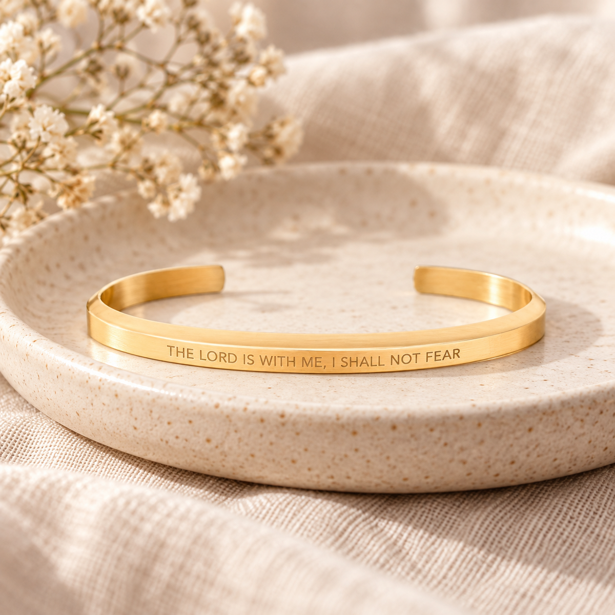 Gold The Lord Is With Me I Shall Not Fear Classic Verse Band displayed on a neutral ceramic tray