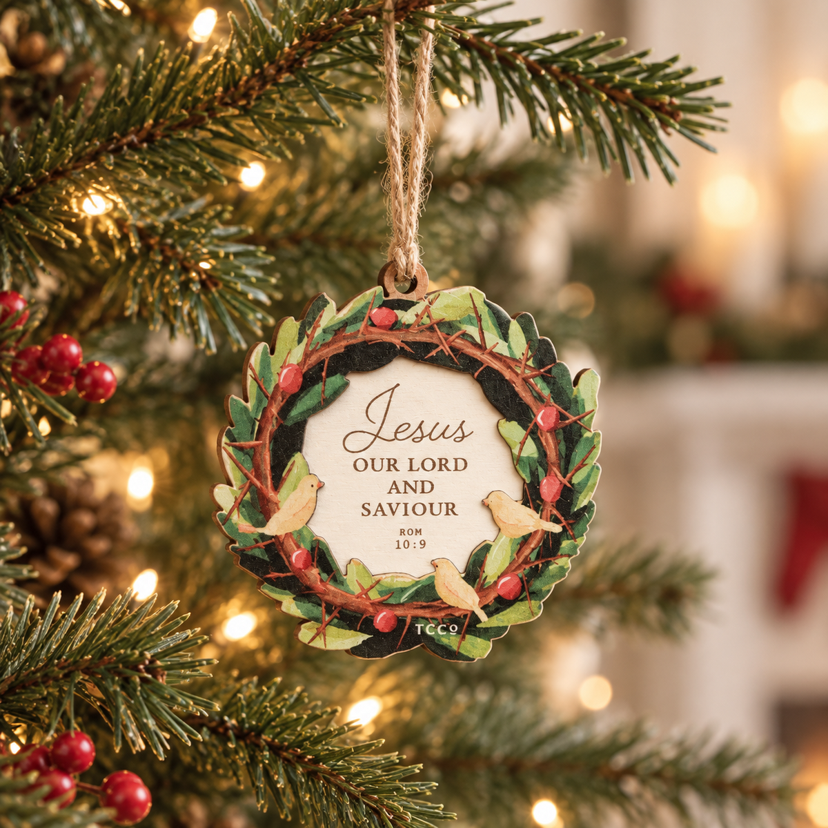 Jesus Our Lord and Saviour Christmas tree bauble hanging on a warmly lit Christmas tree, inspired by Romans 10:9