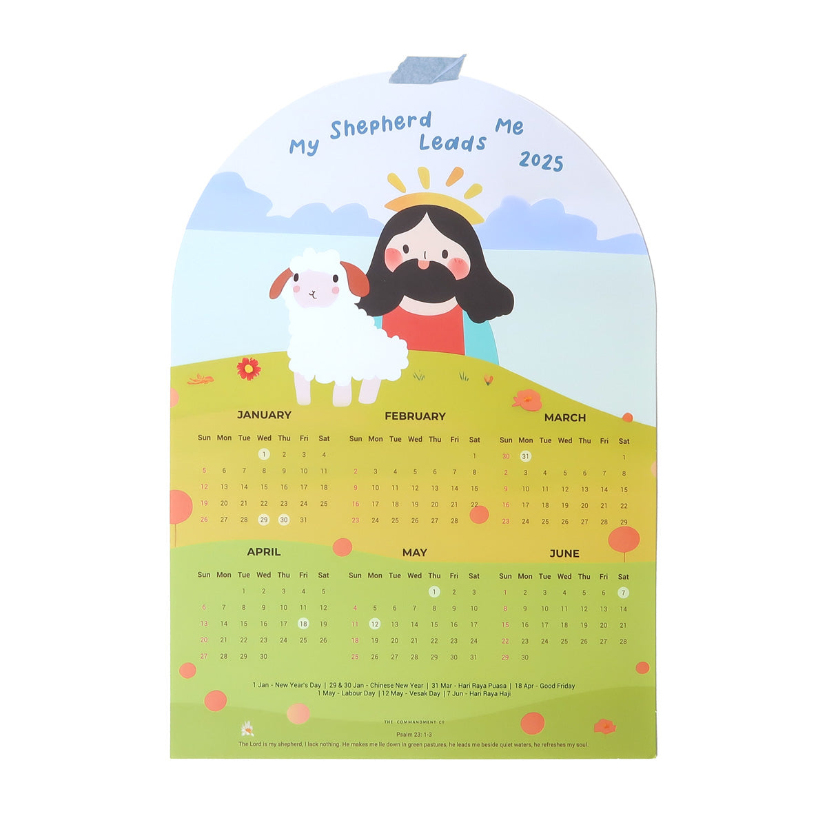 2025 'My Shepherd Leads Me' calendar featuring a colorful illustration of Jesus with a lamb, designed as a Christian faith-based gift and yearly planner.