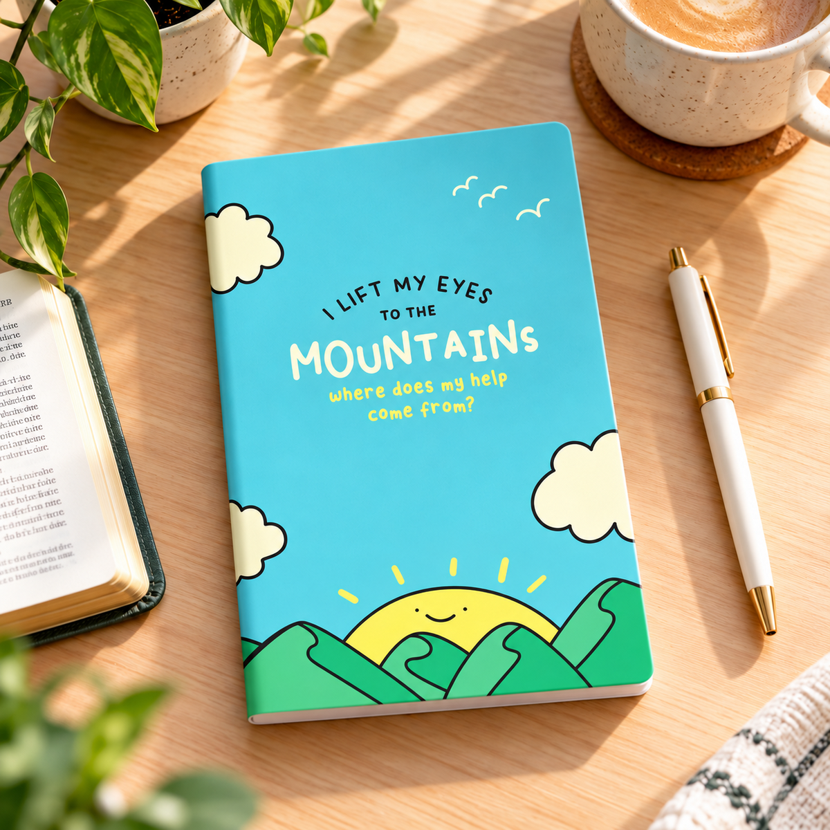 My Help Comes From The Lord A5 Christian notebook on a sunlit wooden desk with coffee and greenery