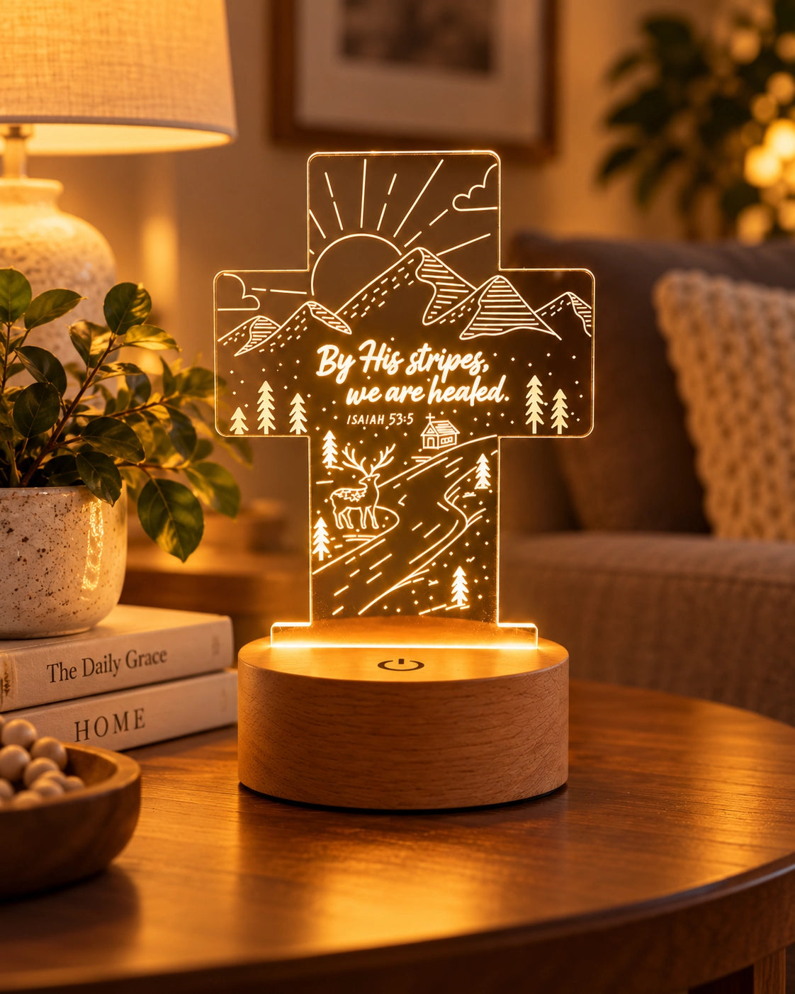 We Are Healed Isaiah 53:5 Christian night light glowing on a thick wooden base in a warm cosy living room