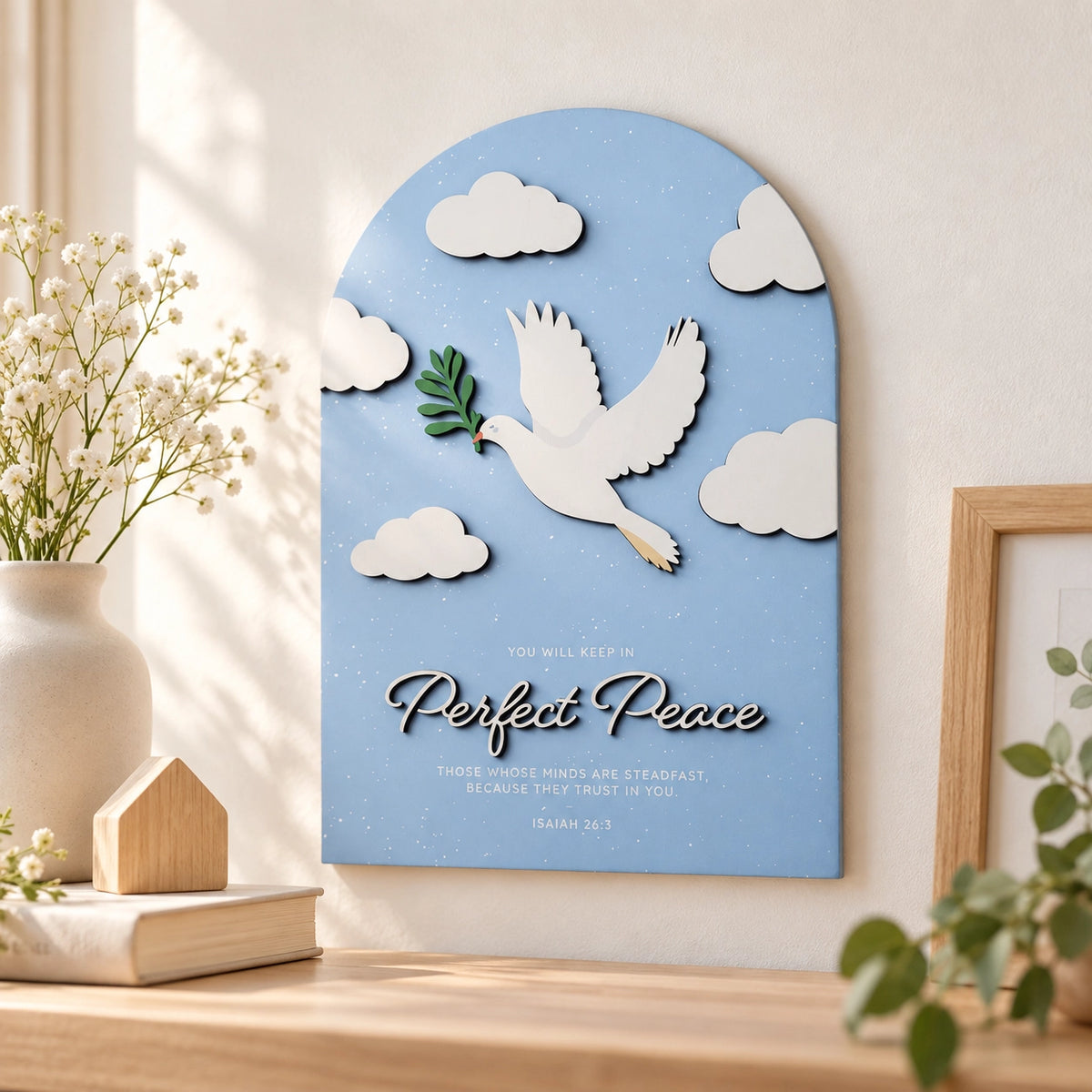 Perfect Peace dove 3D wooden Christian poster displayed in a bright peaceful home interior with natural wood and flowers