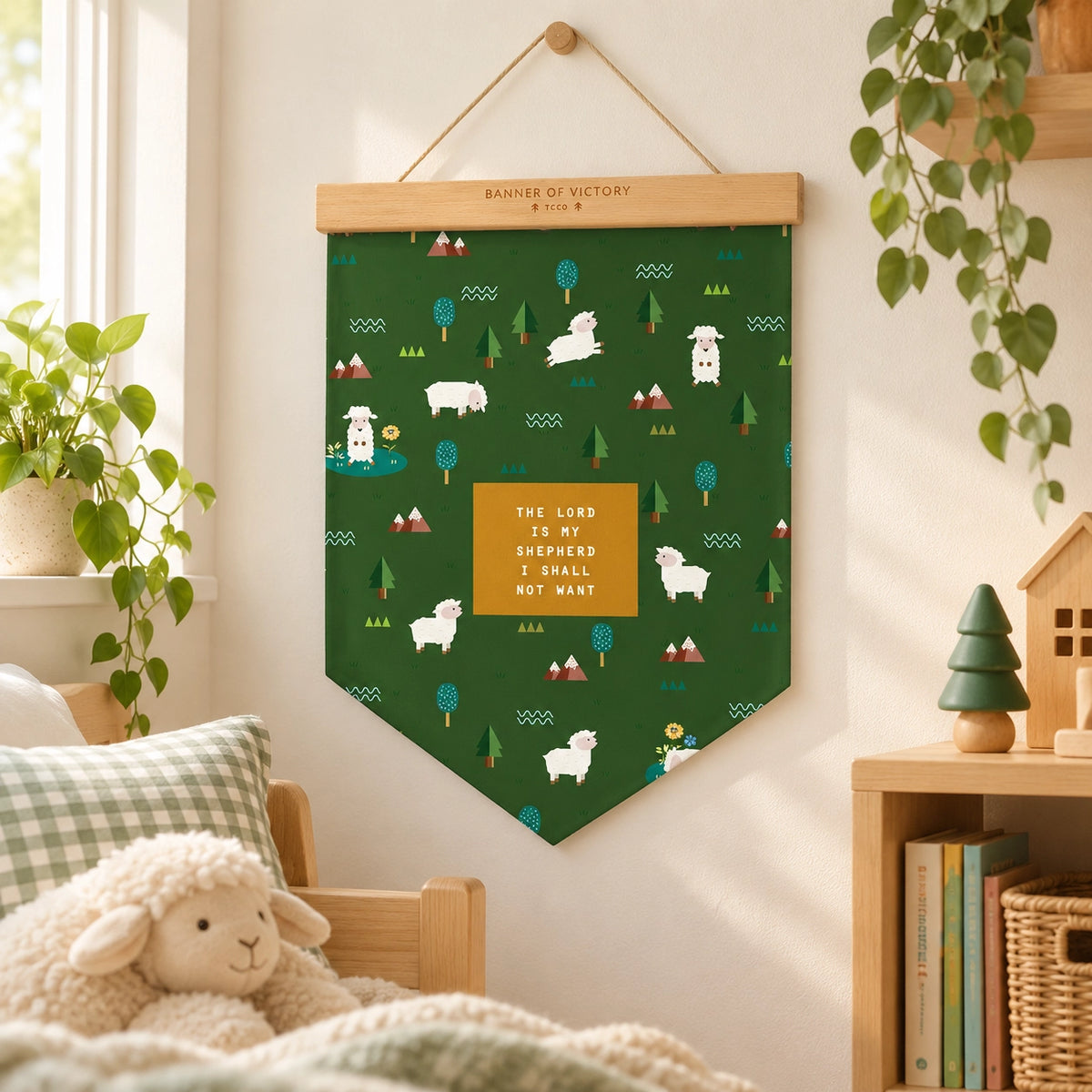 The Lord Is My Shepherd Psalm 23 Banner of Victory hanging in a bright cosy room with natural wood and greenery