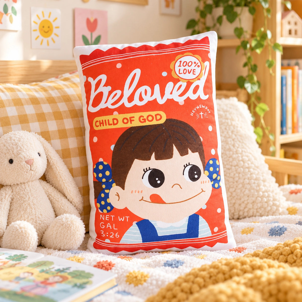 Beloved Milky Candy Christian plush toy styled in a cheerful cosy bedroom with soft toys and warm natural light