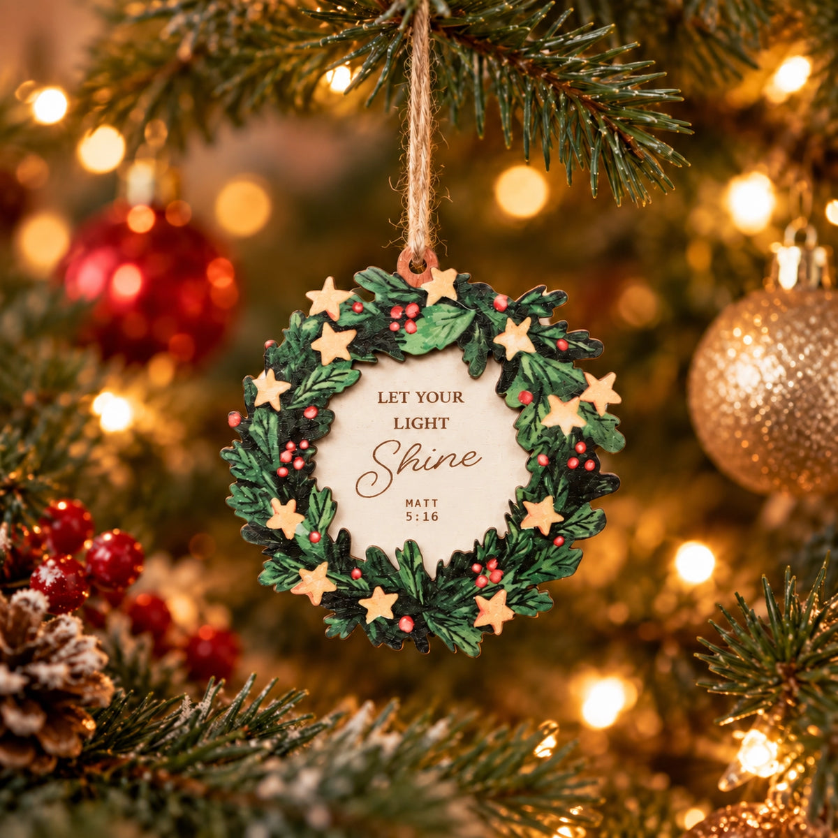 Let Your Light Shine Matthew 5:16 wooden Christmas tree bauble hanging on a warmly lit festive tree