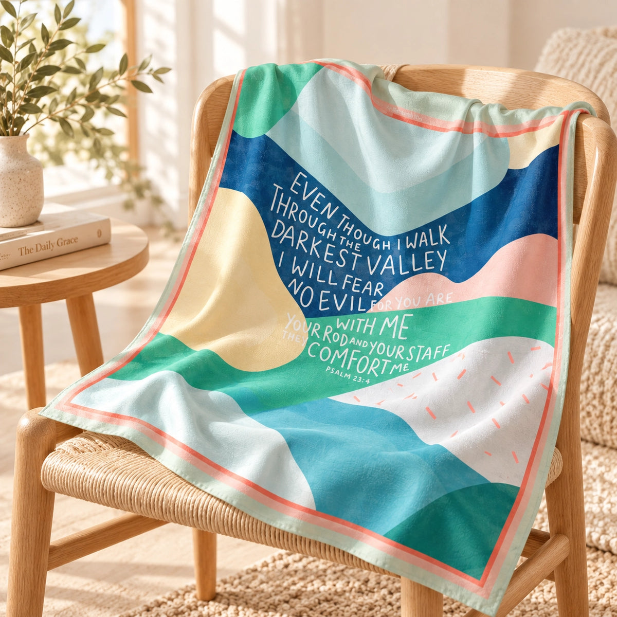 Rod and Staff Psalm 23:4 Christian scarf draped over a wooden chair in a bright warm home interior