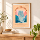 Customisable New Creation baptism poster displayed in a wooden frame in a bright natural home interior