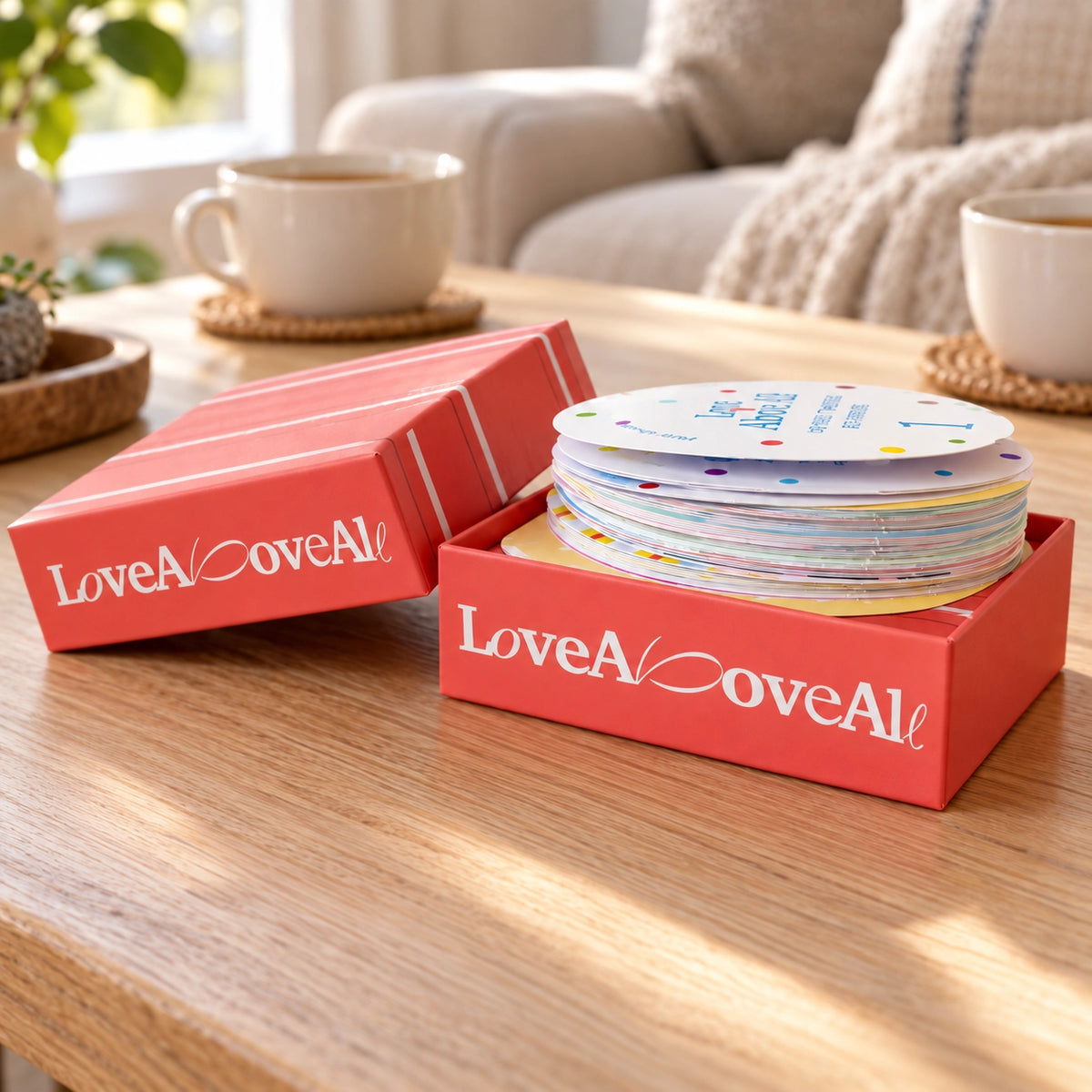 Love Above All 40 Days Love Challenge bilingual conversation card set styled on a warm coffee table