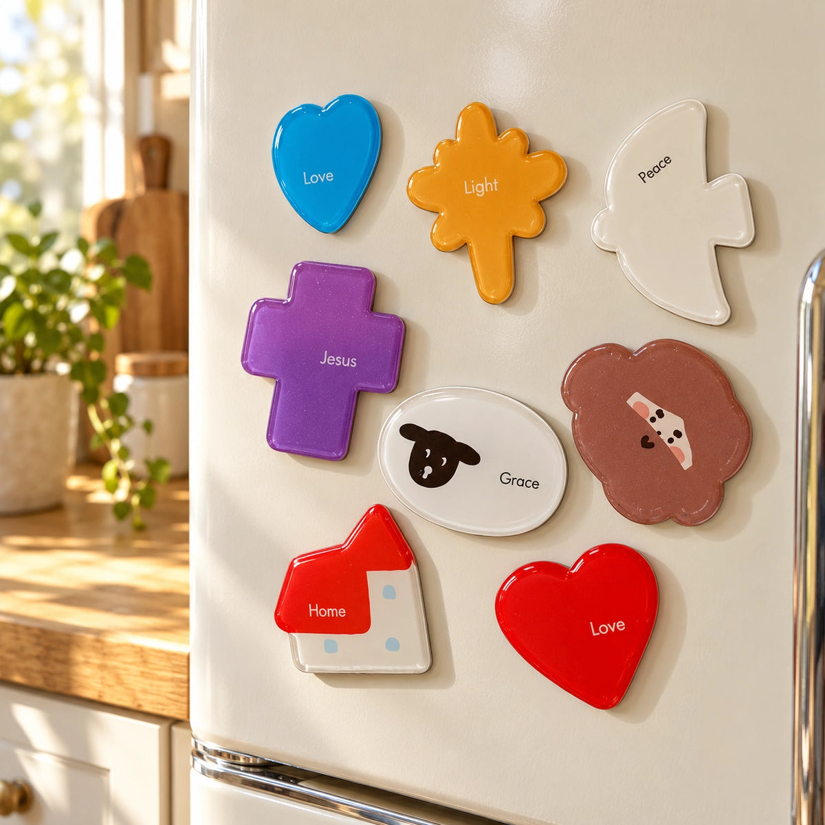 Everyday Amen Christian acrylic magnets displayed on a cream refrigerator in a sunlit kitchen